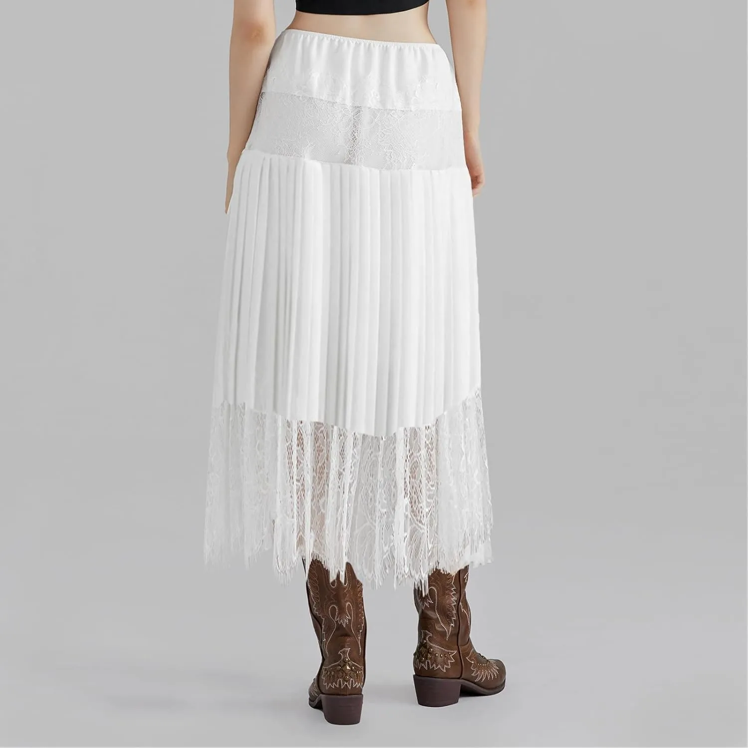 Women Tiered Lace Pleated Midi Skirts Lace Trim Layered Mesh Tulle Skirt Elastic Waist Flowy Long Goth Skirts