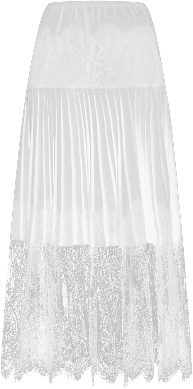 Women Tiered Lace Pleated Midi Skirts Lace Trim Layered Mesh Tulle Skirt Elastic Waist Flowy Long Goth Skirts