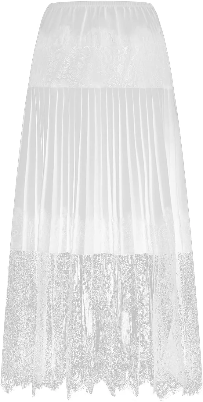 Women Tiered Lace Pleated Midi Skirts Lace Trim Layered Mesh Tulle Skirt Elastic Waist Flowy Long Goth Skirts