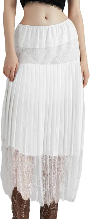Women Tiered Lace Pleated Midi Skirts Lace Trim Layered Mesh Tulle Skirt Elastic Waist Flowy Long Goth Skirts