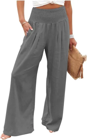 Women Wide Leg Cotton Linen Pants,Summer Boho Beach Yoga Palazzo Pant High Waist Loose Lounge Trousers with Pockets