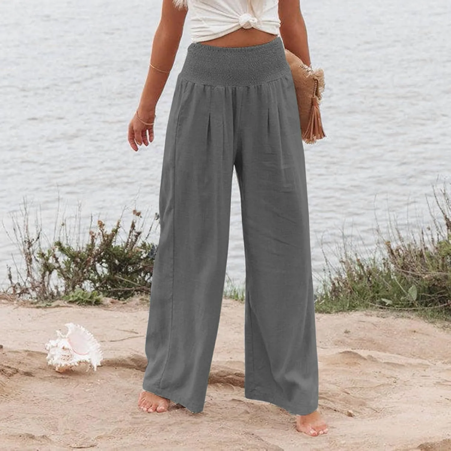 Women Wide Leg Cotton Linen Pants,Summer Boho Beach Yoga Palazzo Pant High Waist Loose Lounge Trousers with Pockets