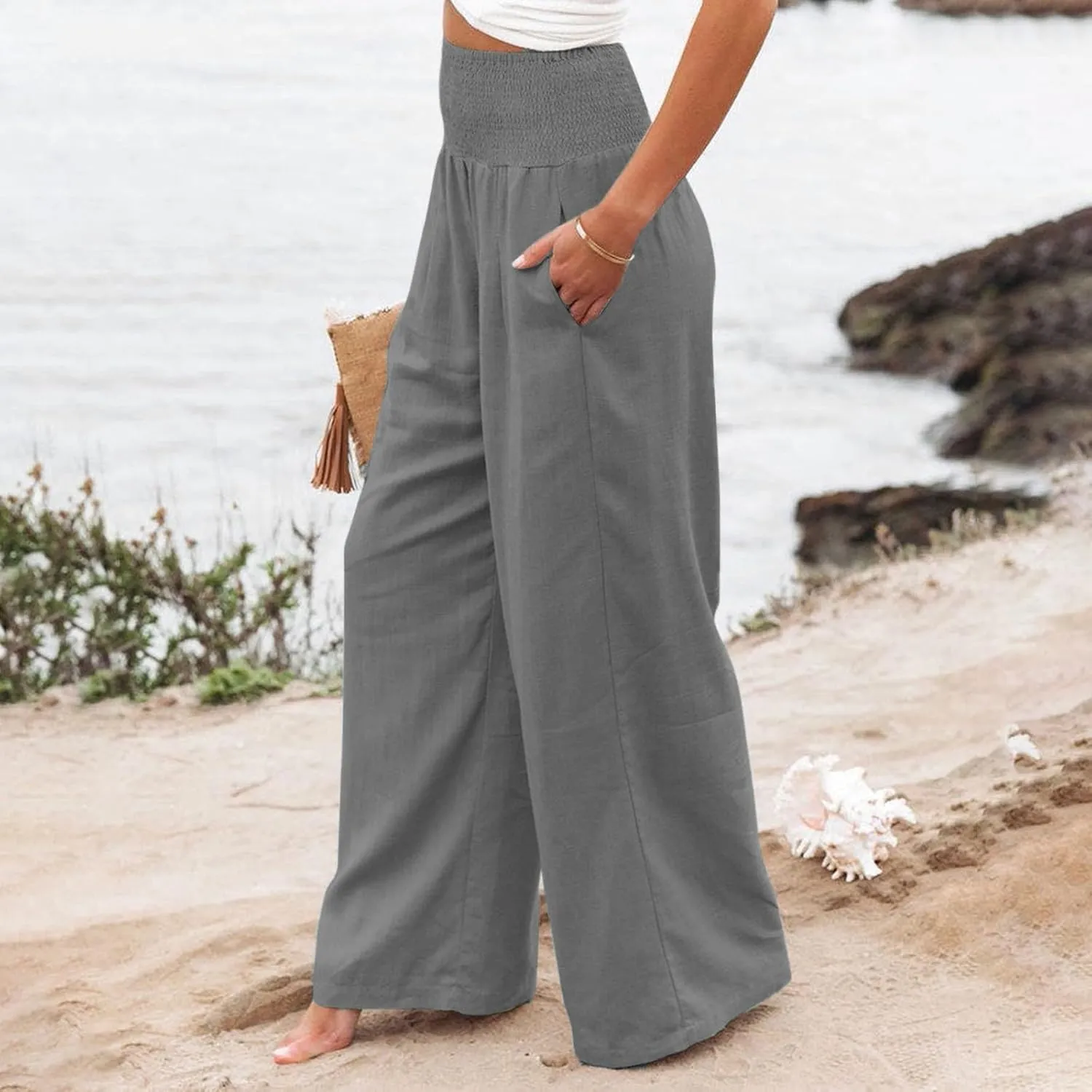 Women Wide Leg Cotton Linen Pants,Summer Boho Beach Yoga Palazzo Pant High Waist Loose Lounge Trousers with Pockets