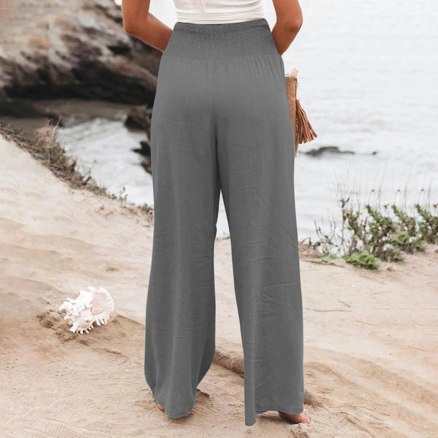 Women Wide Leg Cotton Linen Pants,Summer Boho Beach Yoga Palazzo Pant High Waist Loose Lounge Trousers with Pockets
