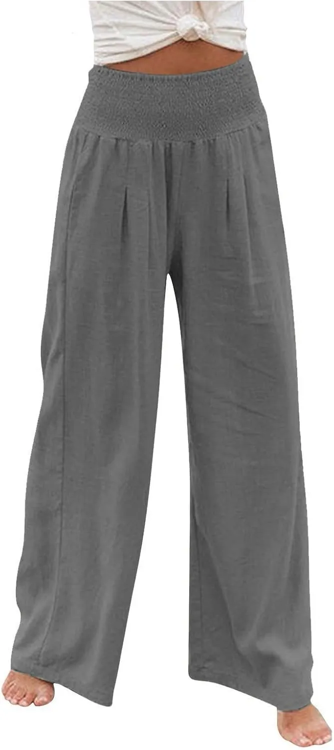 Women Wide Leg Cotton Linen Pants,Summer Boho Beach Yoga Palazzo Pant High Waist Loose Lounge Trousers with Pockets