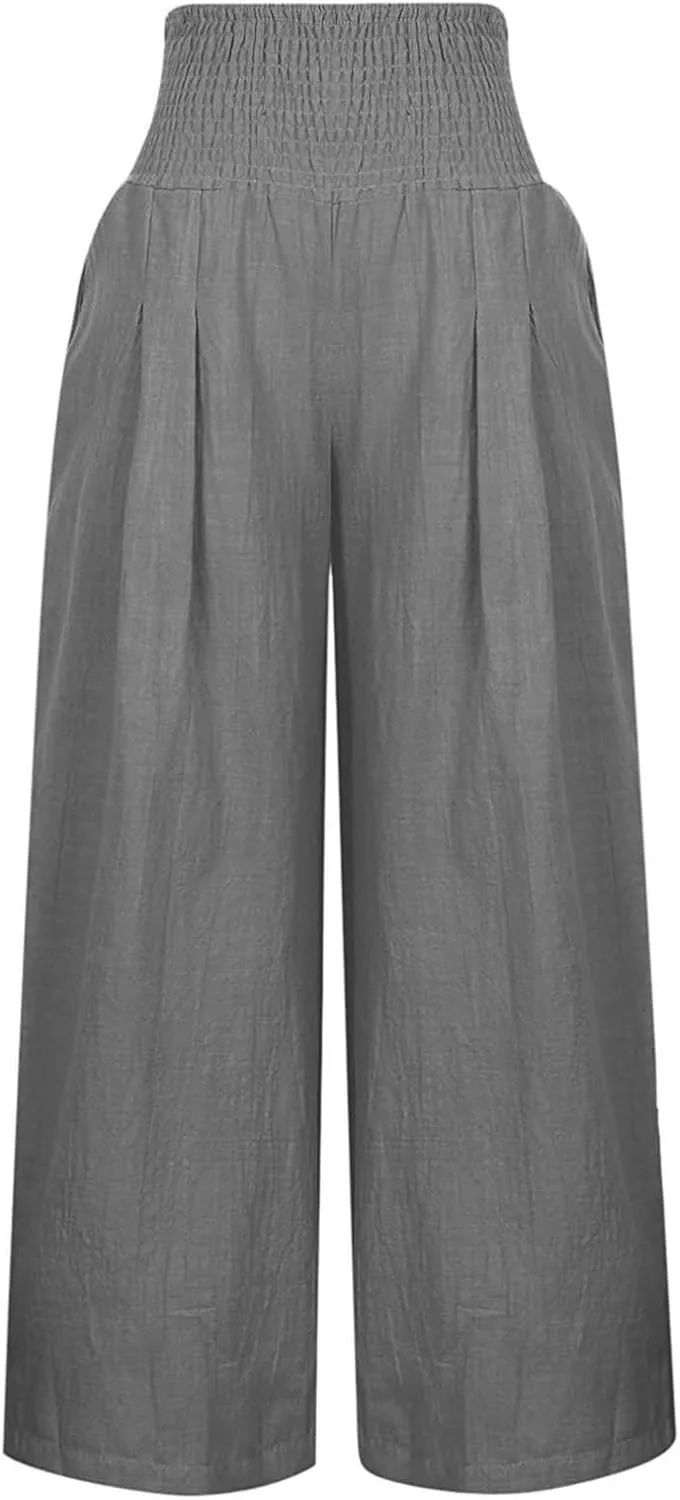 Women Wide Leg Cotton Linen Pants,Summer Boho Beach Yoga Palazzo Pant High Waist Loose Lounge Trousers with Pockets