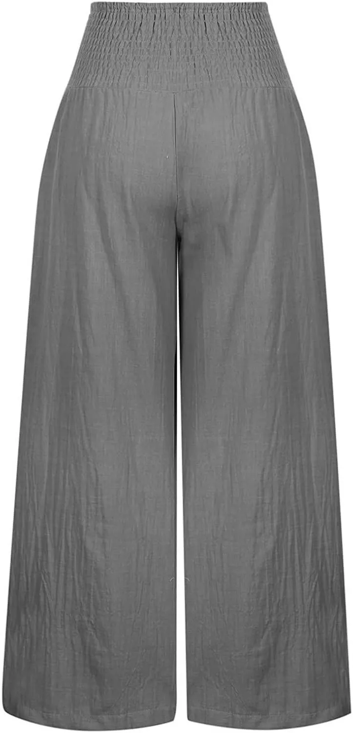 Women Wide Leg Cotton Linen Pants,Summer Boho Beach Yoga Palazzo Pant High Waist Loose Lounge Trousers with Pockets
