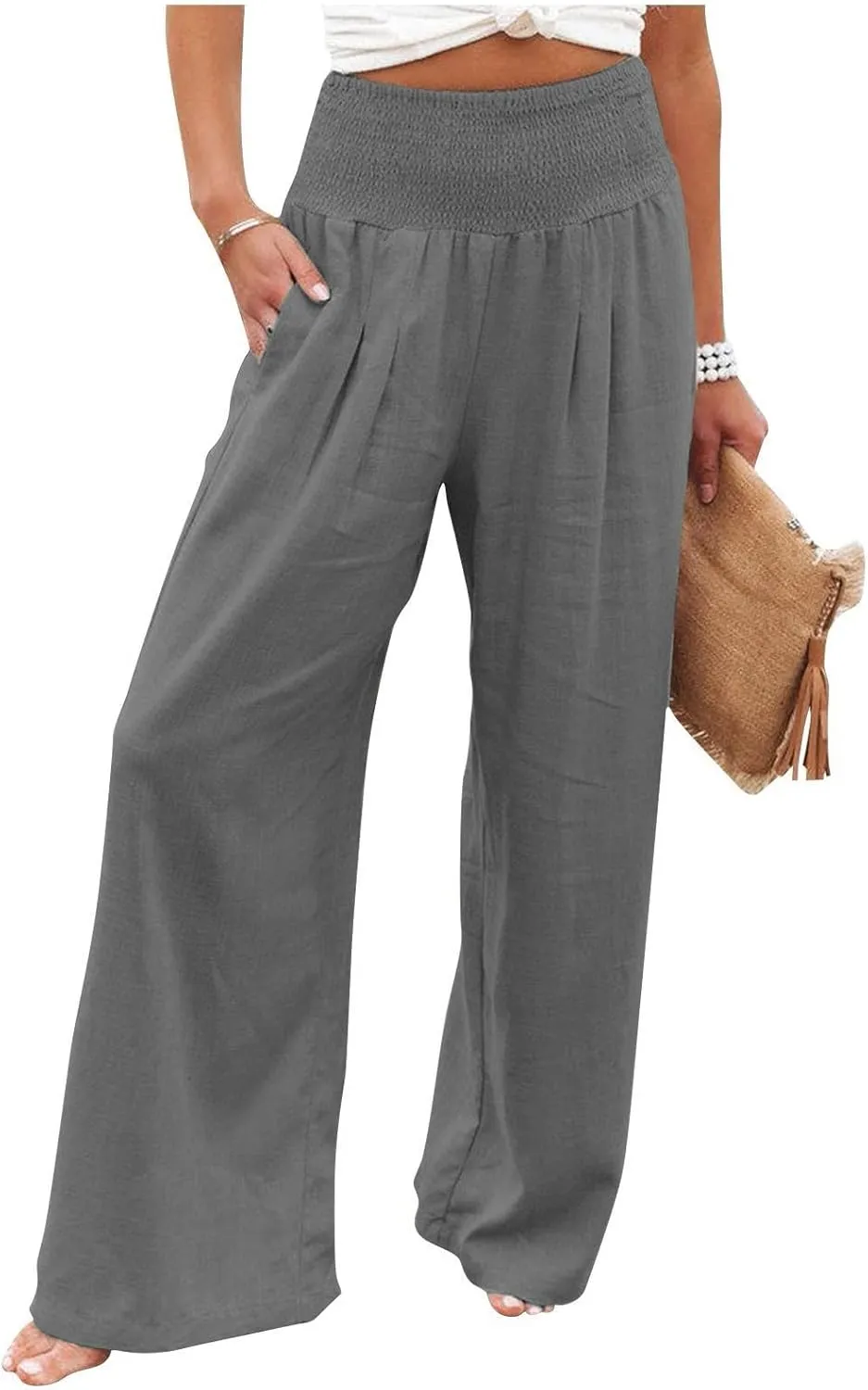 Women Wide Leg Cotton Linen Pants,Summer Boho Beach Yoga Palazzo Pant High Waist Loose Lounge Trousers with Pockets