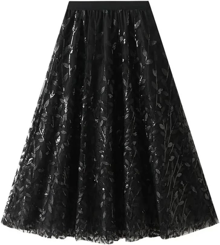 Women Winter Sequin Leaf Embroidery Mesh Long Skirts Elegant High Waist A-Line Tulle Midi Skirts