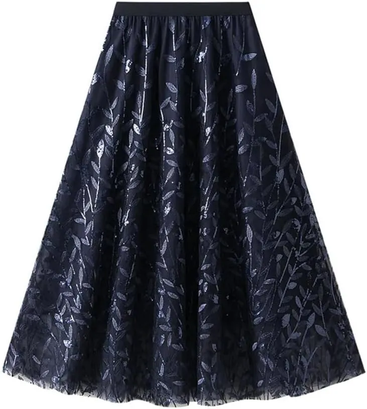 Women Winter Sequin Leaf Embroidery Mesh Long Skirts Elegant High Waist A-Line Tulle Midi Skirts