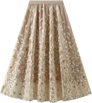 Women Winter Sequin Leaf Embroidery Mesh Long Skirts Elegant High Waist A-Line Tulle Midi Skirts