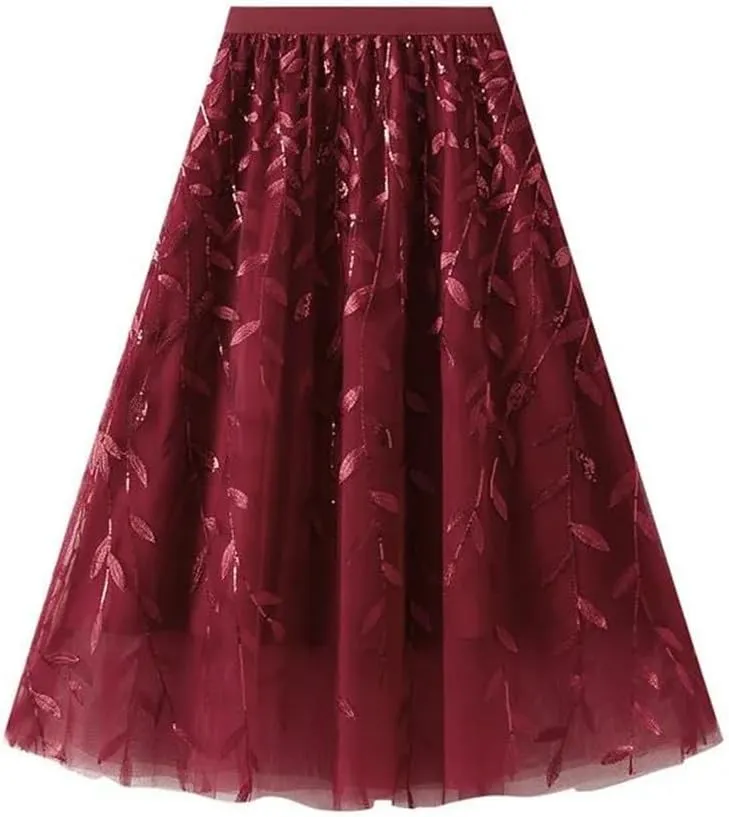 Women Winter Sequin Leaf Embroidery Mesh Long Skirts Elegant High Waist A-Line Tulle Midi Skirts