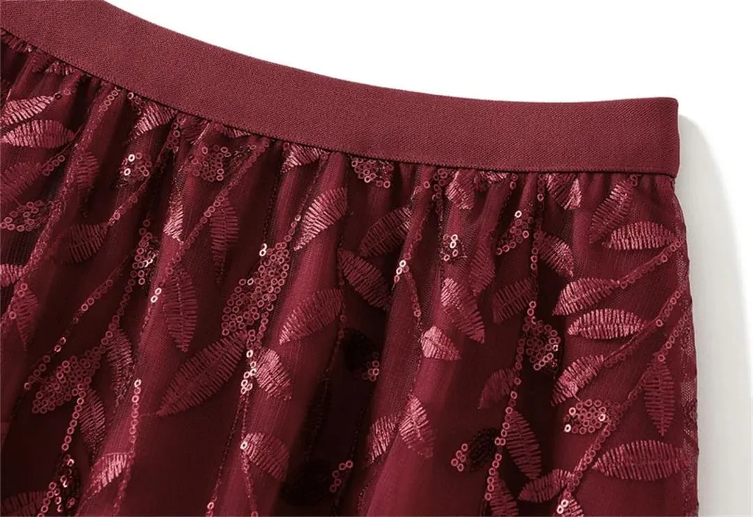 Women Winter Sequin Leaf Embroidery Mesh Long Skirts Elegant High Waist A-Line Tulle Midi Skirts