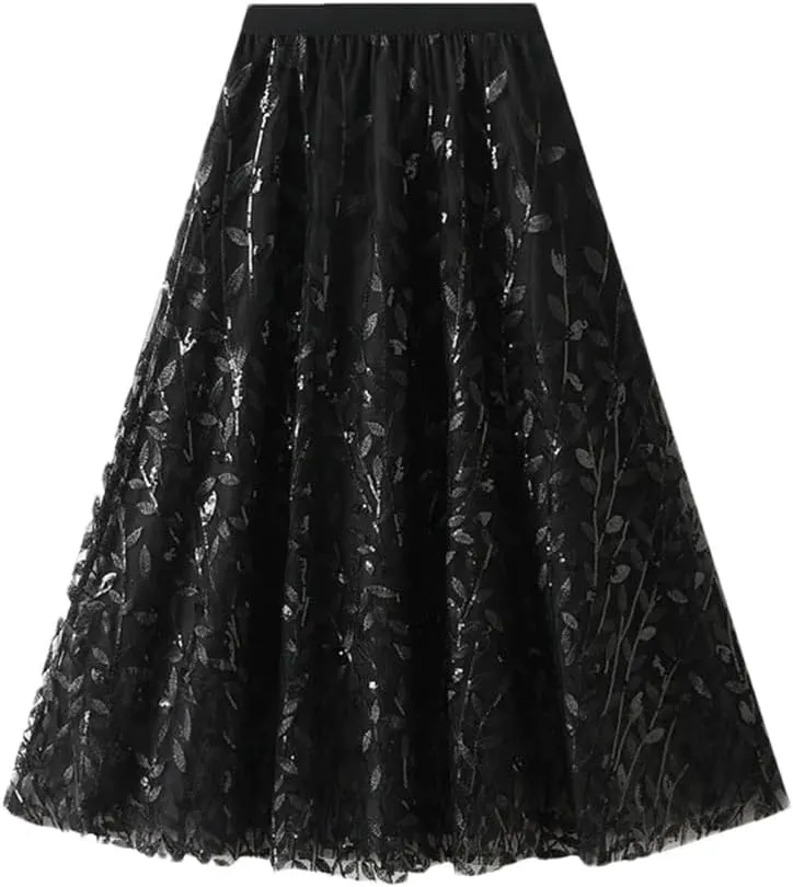 Women Winter Sequin Leaf Embroidery Mesh Long Skirts Elegant High Waist A-Line Tulle Midi Skirts