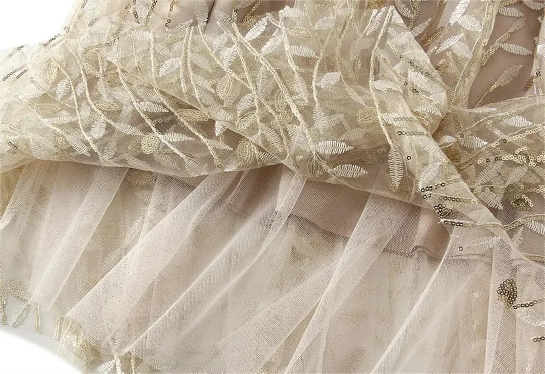 Women Winter Sequin Leaf Embroidery Mesh Long Skirts Elegant High Waist A-Line Tulle Midi Skirts