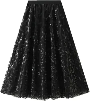 Women Winter Sequin Leaf Embroidery Mesh Long Skirts Elegant High Waist A-Line Tulle Midi Skirts