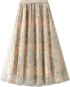 Women's 50s Vintage Floral Embroidery Midi Skirt High Waist Mesh Summer Cocktail Tea Party A-Line Layered Skirt
