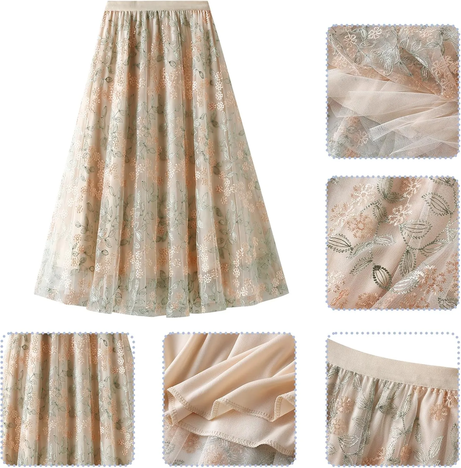 Women's 50s Vintage Floral Embroidery Midi Skirt High Waist Mesh Summer Cocktail Tea Party A-Line Layered Skirt
