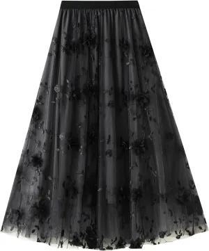 Women's 50s Vintage Floral Embroidery Midi Skirt High Waist Mesh Summer Cocktail Tea Party A-Line Layered Skirt