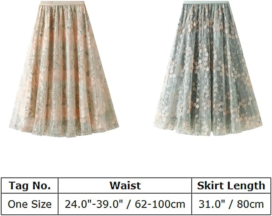 Women's 50s Vintage Floral Embroidery Midi Skirt High Waist Mesh Summer Cocktail Tea Party A-Line Layered Skirt