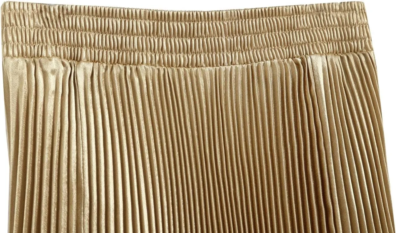 Women's A-Line Metallic Shiny Accordion Pleated Skirt Elastic Waist Midi Skirts