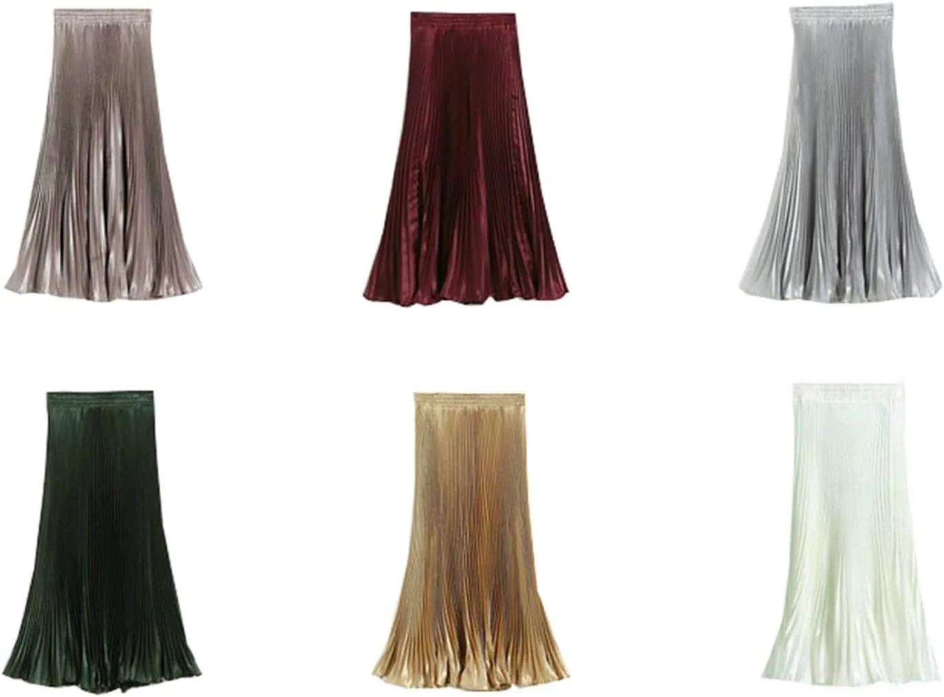 Women's A-Line Metallic Shiny Accordion Pleated Skirt Elastic Waist Midi Skirts