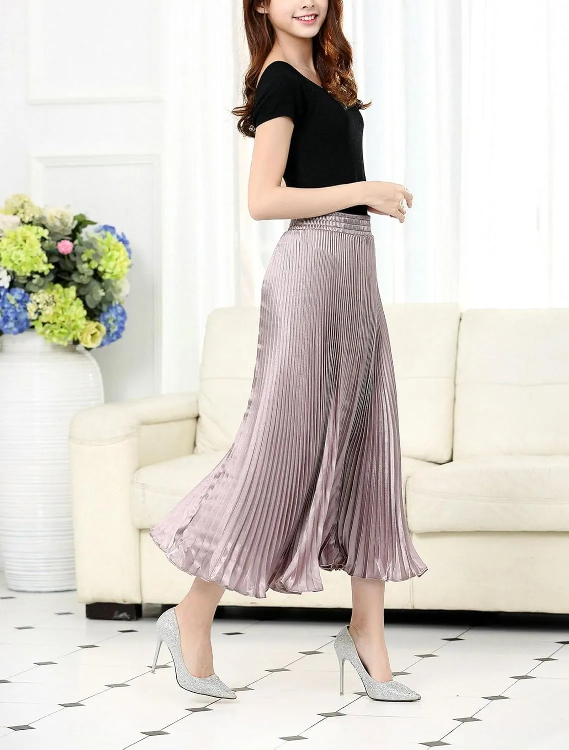Women's A-Line Metallic Shiny Accordion Pleated Skirt Elastic Waist Midi Skirts