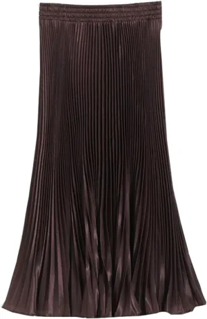 Women's A-Line Metallic Shiny Accordion Pleated Skirt Elastic Waist Midi Skirts