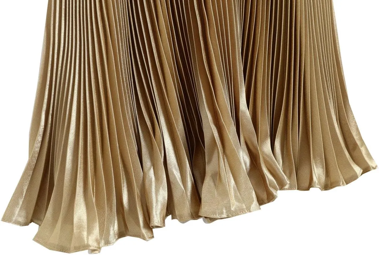 Women's A-Line Metallic Shiny Accordion Pleated Skirt Elastic Waist Midi Skirts