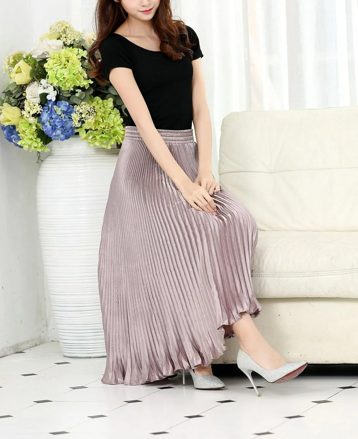 Women's A-Line Metallic Shiny Accordion Pleated Skirt Elastic Waist Midi Skirts