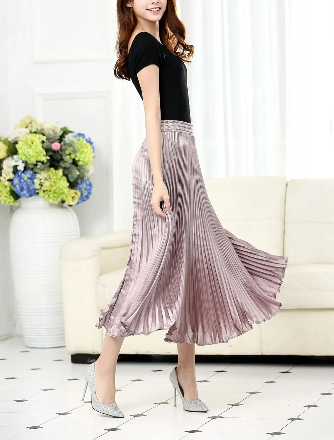 Women's A-Line Metallic Shiny Accordion Pleated Skirt Elastic Waist Midi Skirts