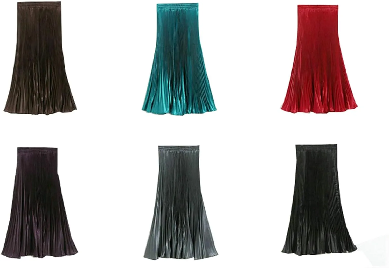 Women's A-Line Metallic Shiny Accordion Pleated Skirt Elastic Waist Midi Skirts