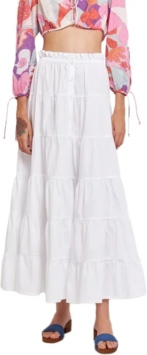 Women's Button Down Maxi Skirt High Waisted Solid Color A-Line Tiered Flowy Summer Beach Long Skirt (White, l)