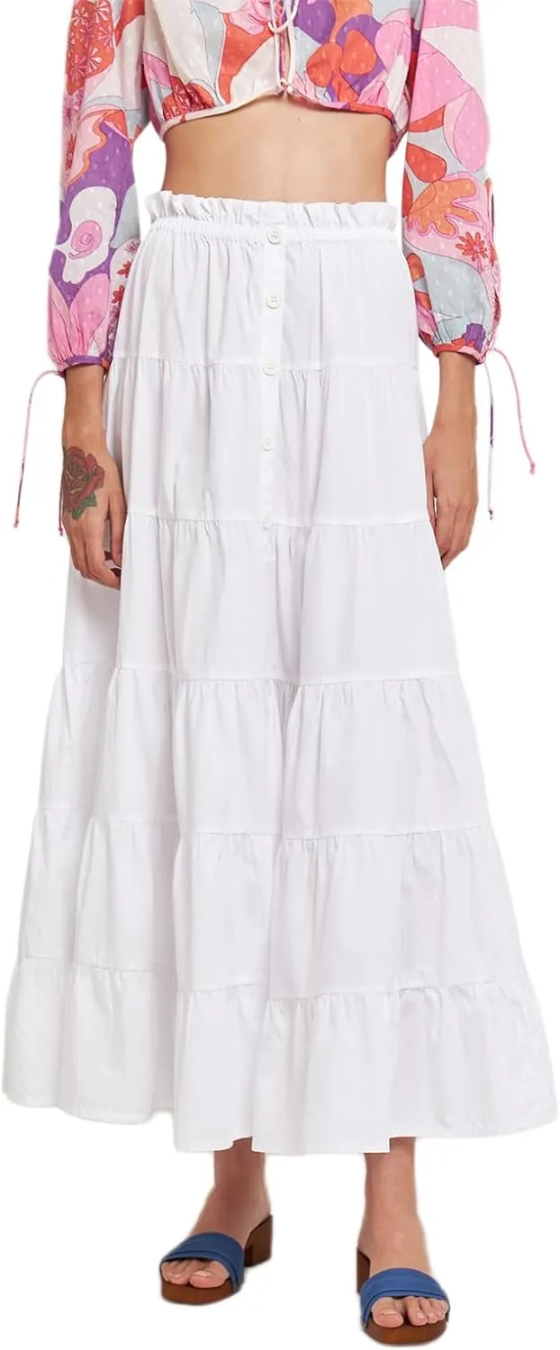 Women's Button Down Maxi Skirt High Waisted Solid Color A-Line Tiered Flowy Summer Beach Long Skirt (White, l)
