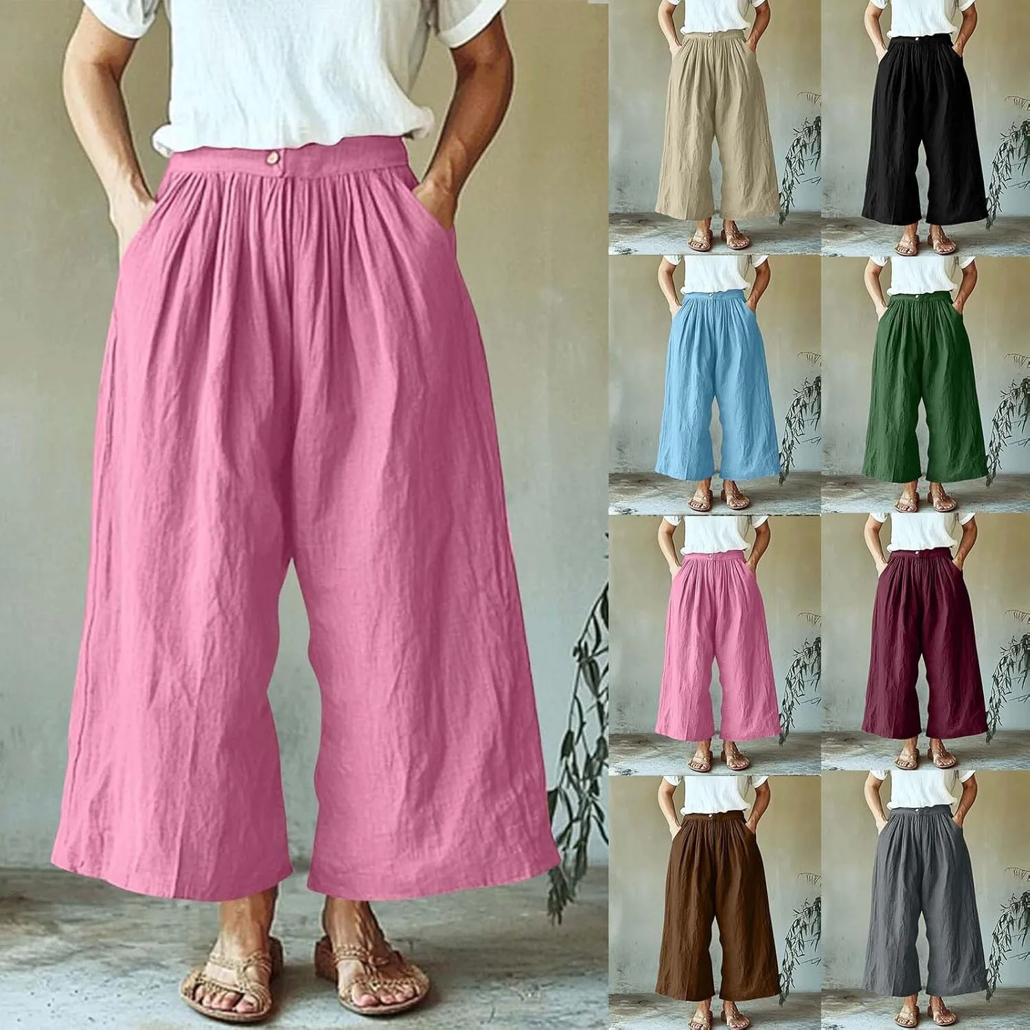 Womens Capri Pants with Pockets 2025 Summer Casual Wide Leg Trousers Cotton Linen Loose Lightweight Beach Pants Light Blue 2X