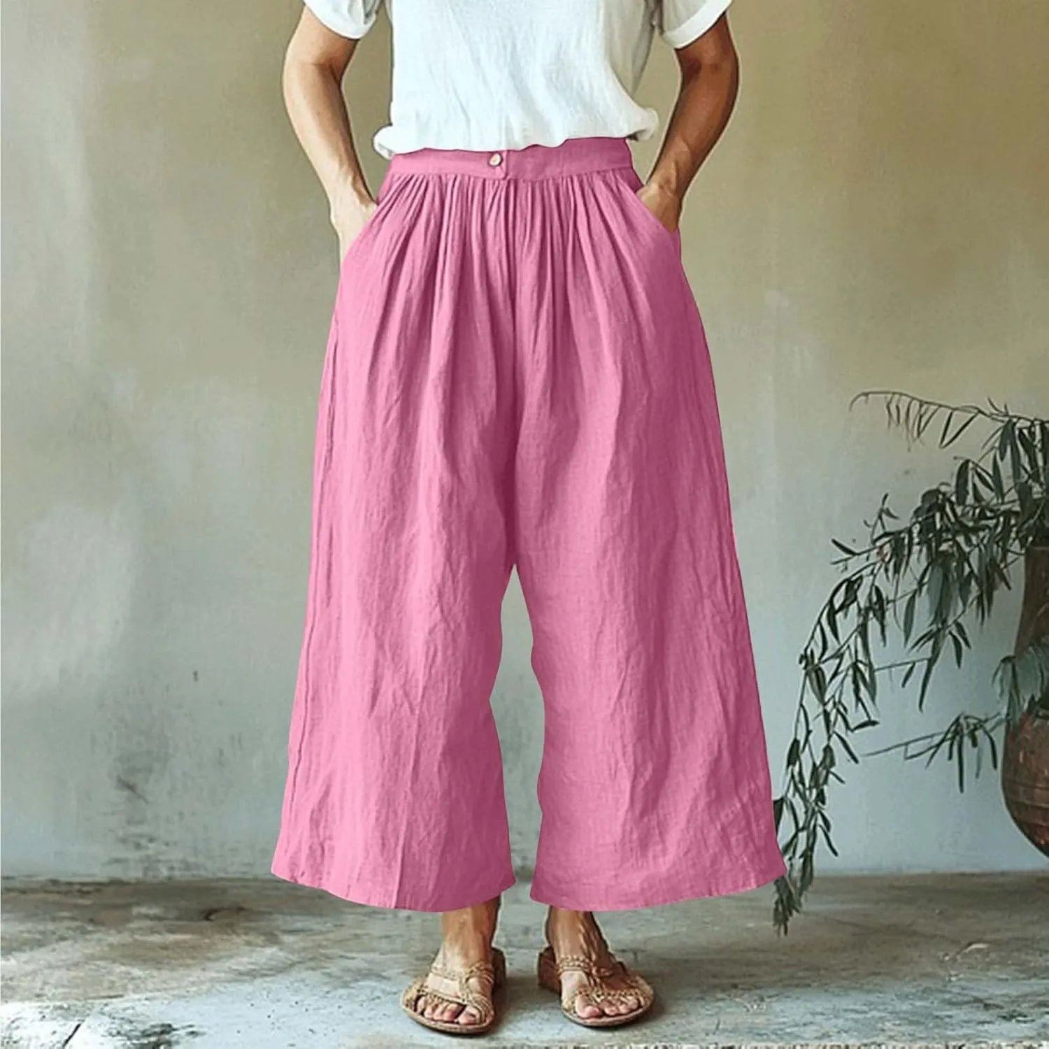 Womens Capri Pants with Pockets 2025 Summer Casual Wide Leg Trousers Cotton Linen Loose Lightweight Beach Pants Light Blue 2X