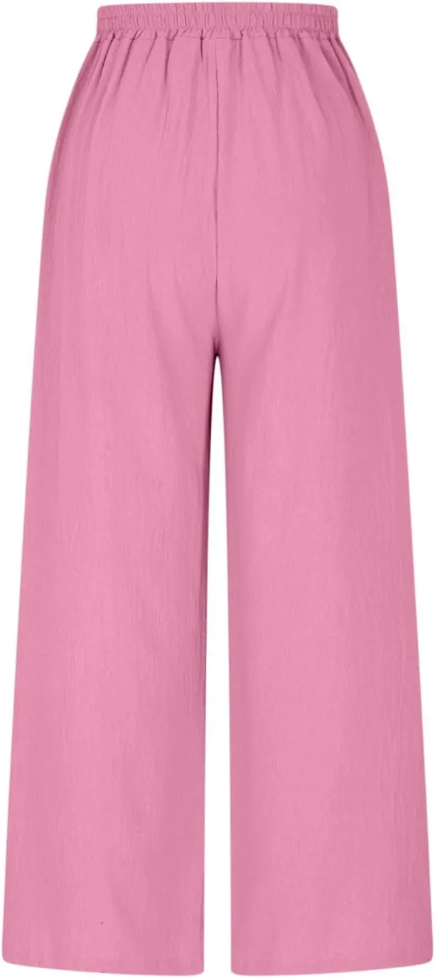 Womens Capri Pants with Pockets 2025 Summer Casual Wide Leg Trousers Cotton Linen Loose Lightweight Beach Pants Light Blue 2X