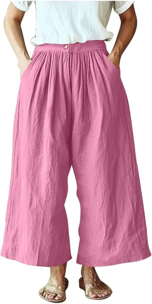 Womens Capri Pants with Pockets 2025 Summer Casual Wide Leg Trousers Cotton Linen Loose Lightweight Beach Pants Light Blue 2X