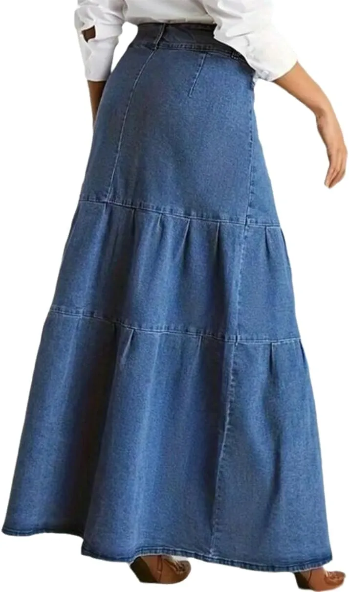 Women's Casual High Waisted Denim Maxi Skirt Vintage Distressed Long A-Line Jeans Skirt