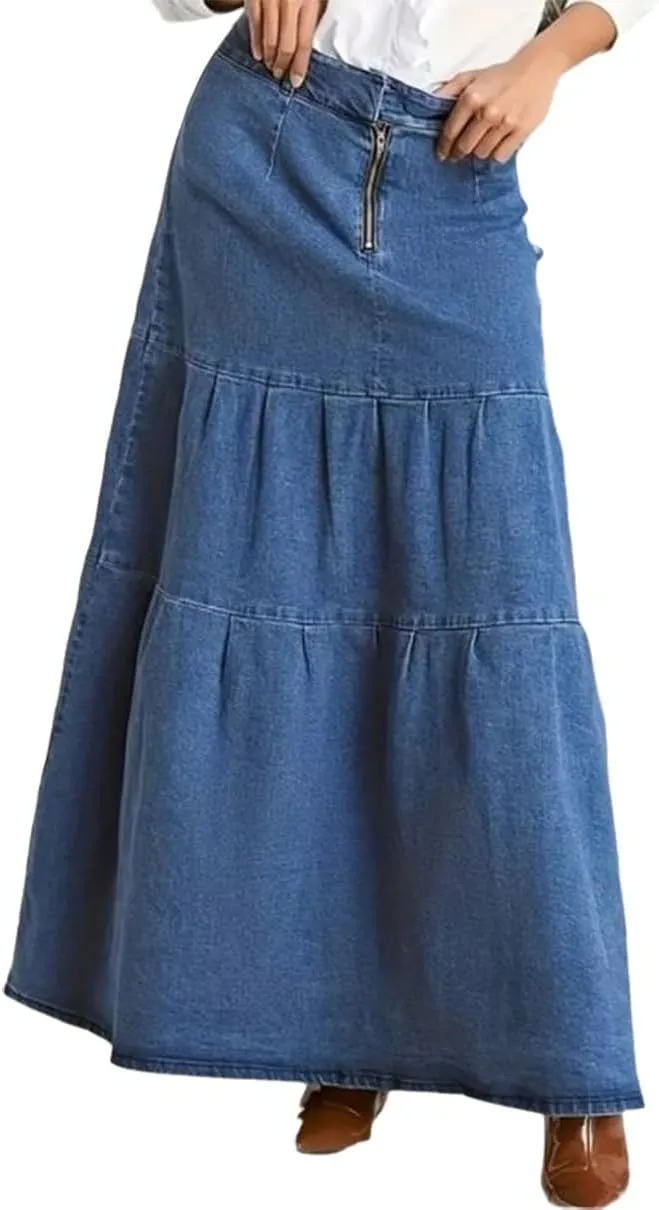 Women's Casual High Waisted Denim Maxi Skirt Vintage Distressed Long A-Line Jeans Skirt