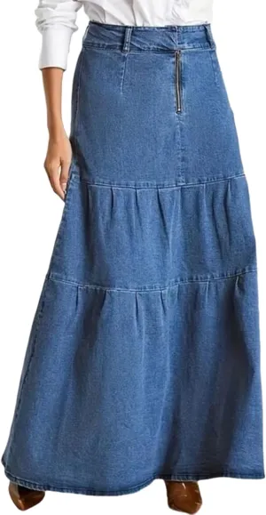 Women's Casual High Waisted Denim Maxi Skirt Vintage Distressed Long A-Line Jeans Skirt
