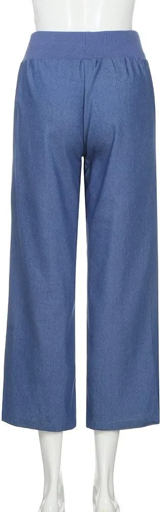 Womens Casual Pant 2024 Summer Trendy High Waist Fake Denim Wide Leg Palazzo Pants Lounge Jeans Trousers with Pocket