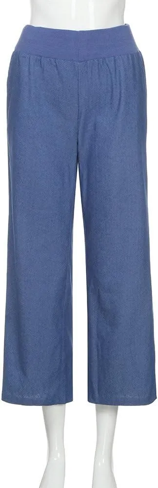 Womens Casual Pant 2024 Summer Trendy High Waist Fake Denim Wide Leg Palazzo Pants Lounge Jeans Trousers with Pocket