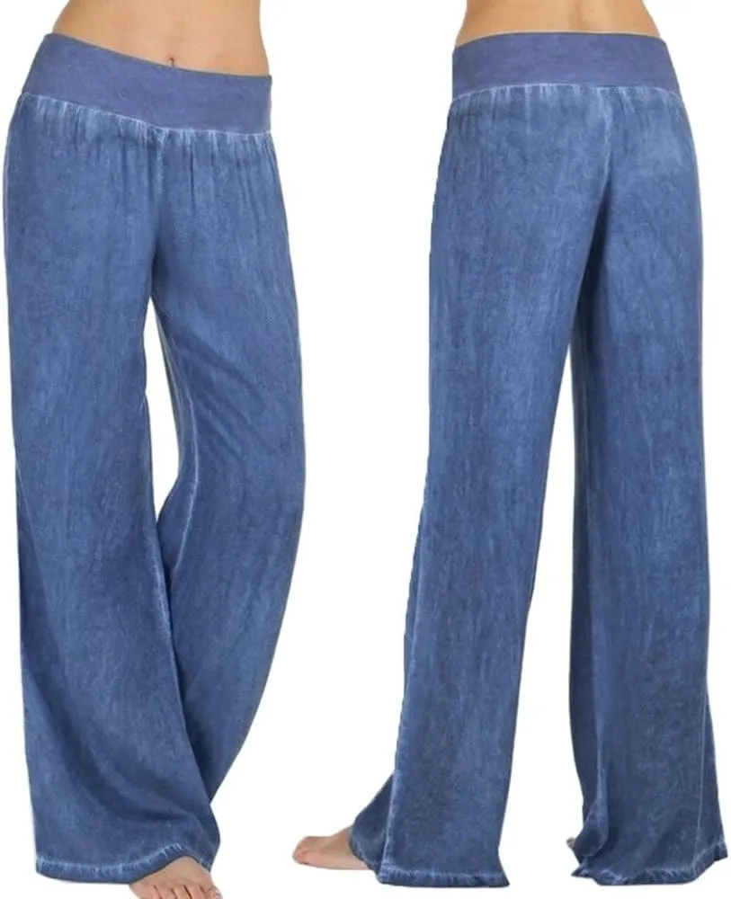 Womens Casual Pant 2024 Summer Trendy High Waist Fake Denim Wide Leg Palazzo Pants Lounge Jeans Trousers with Pocket