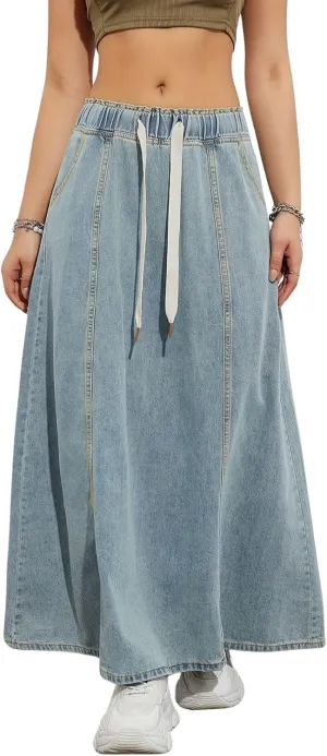 Womens Casual Paperbag Elastic High Waist A-Line Maxi Denim Skirt