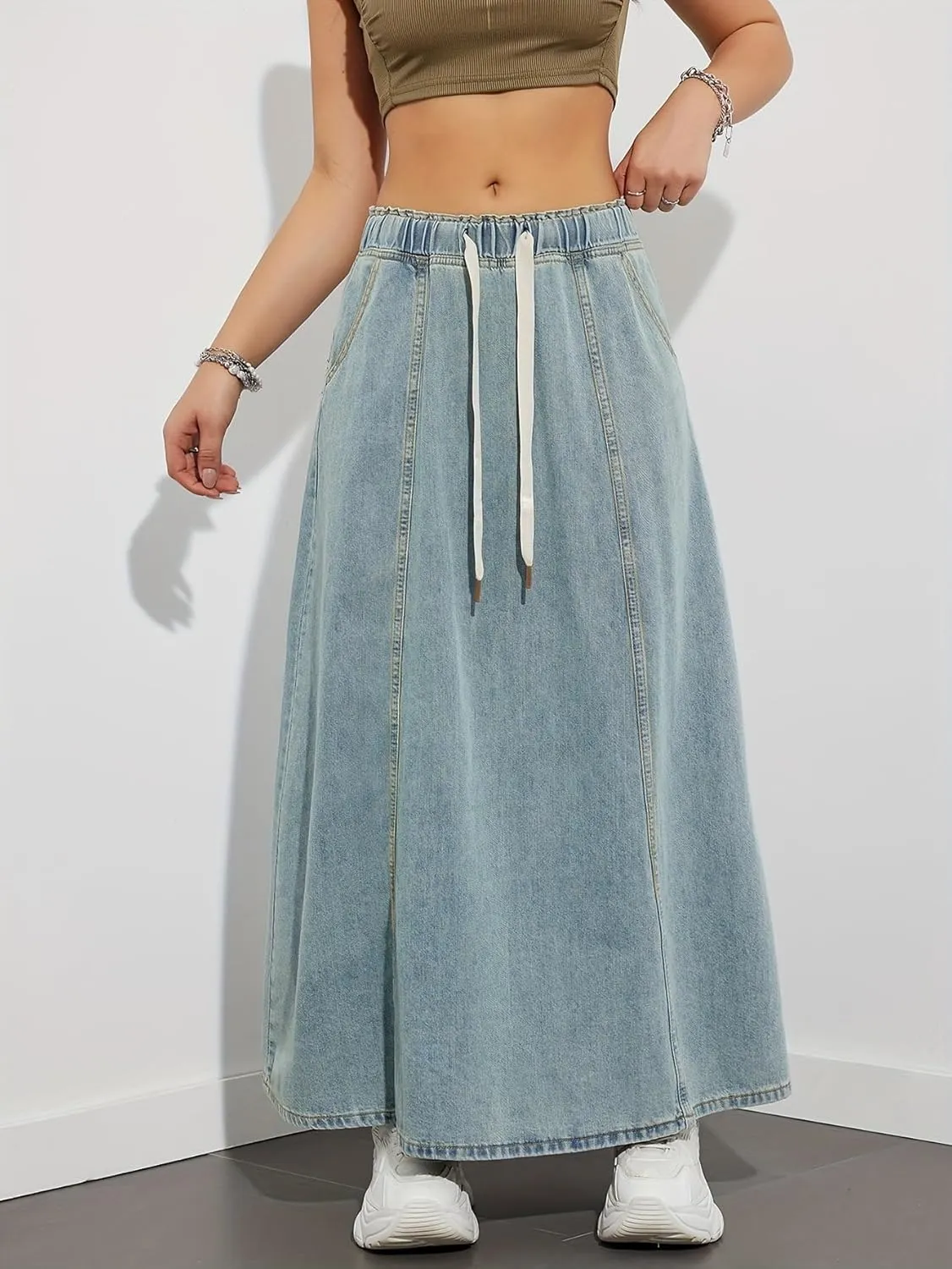 Womens Casual Paperbag Elastic High Waist A-Line Maxi Denim Skirt