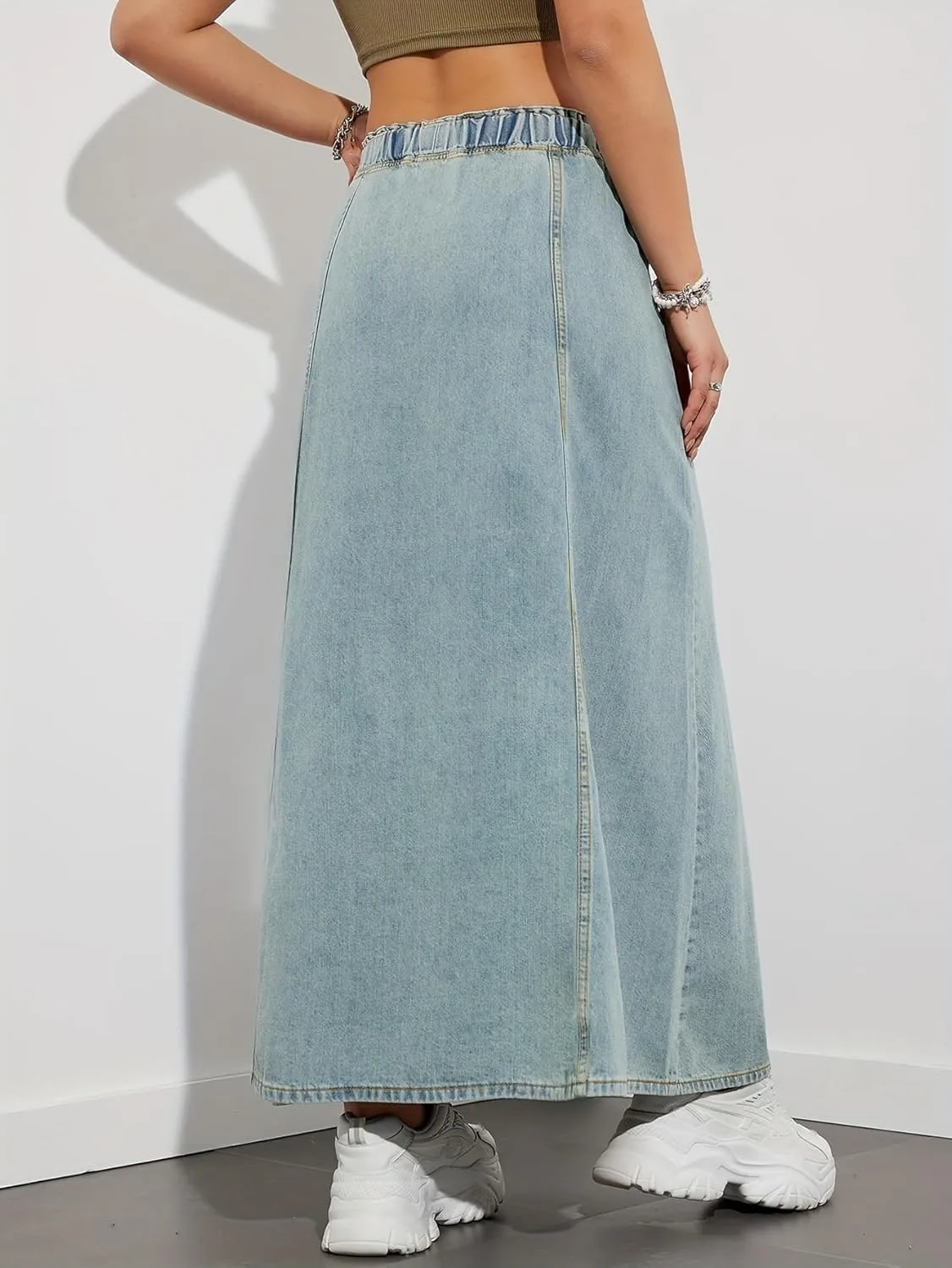 Womens Casual Paperbag Elastic High Waist A-Line Maxi Denim Skirt