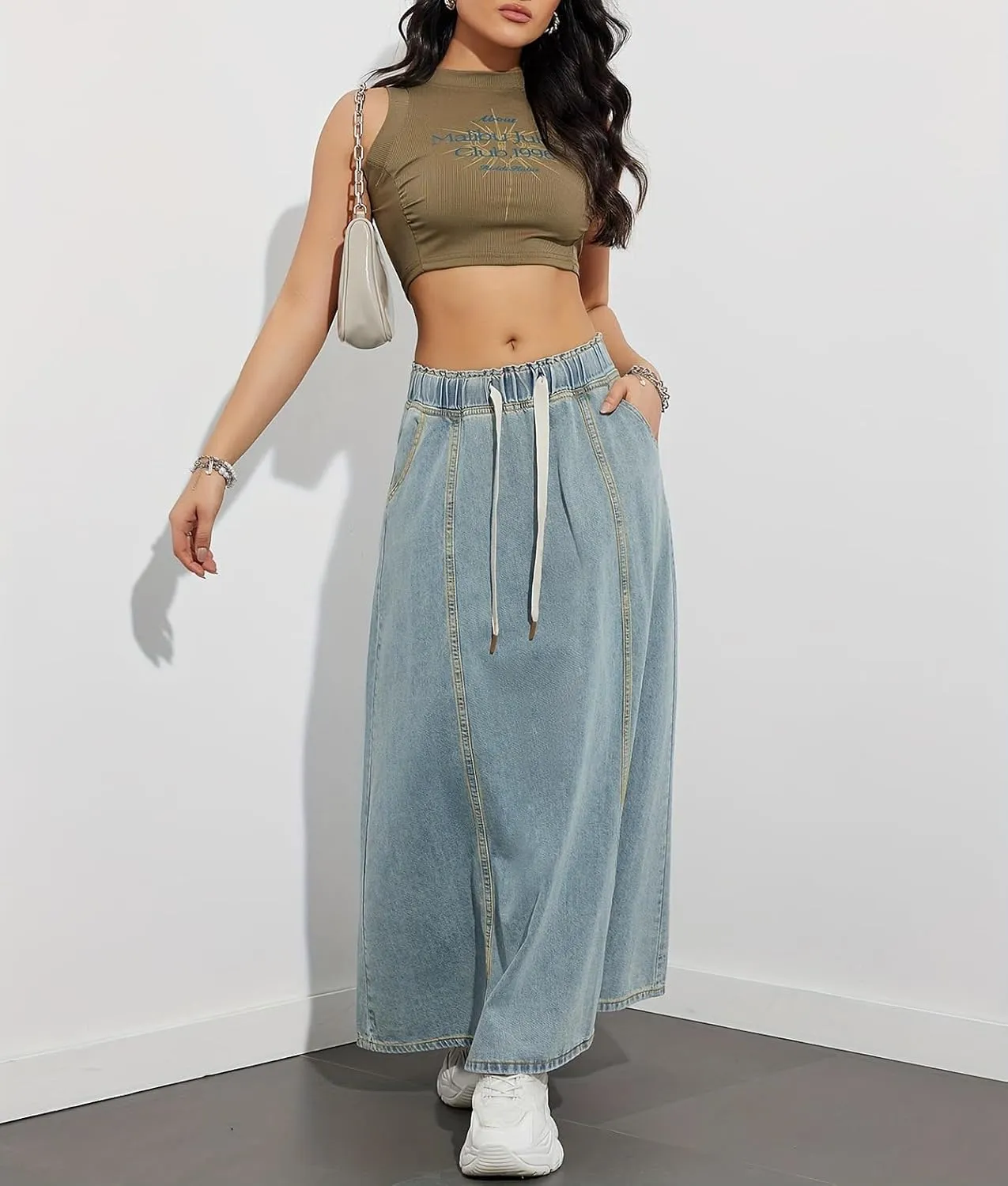 Womens Casual Paperbag Elastic High Waist A-Line Maxi Denim Skirt