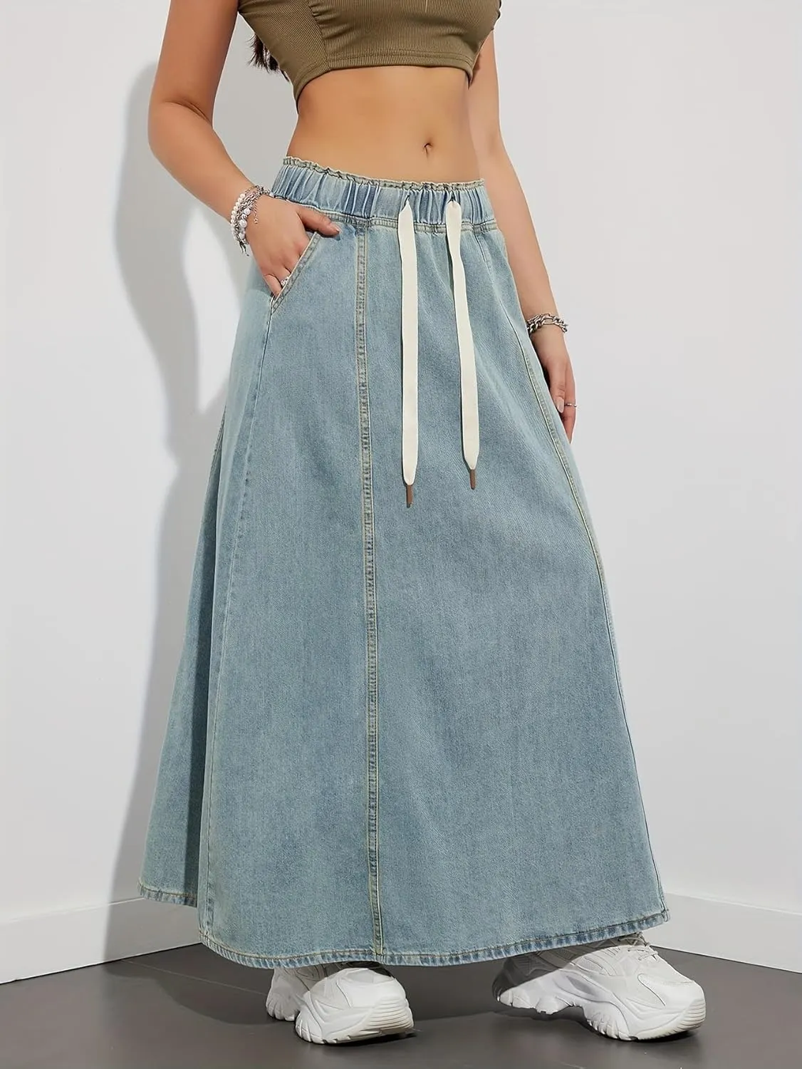 Womens Casual Paperbag Elastic High Waist A-Line Maxi Denim Skirt