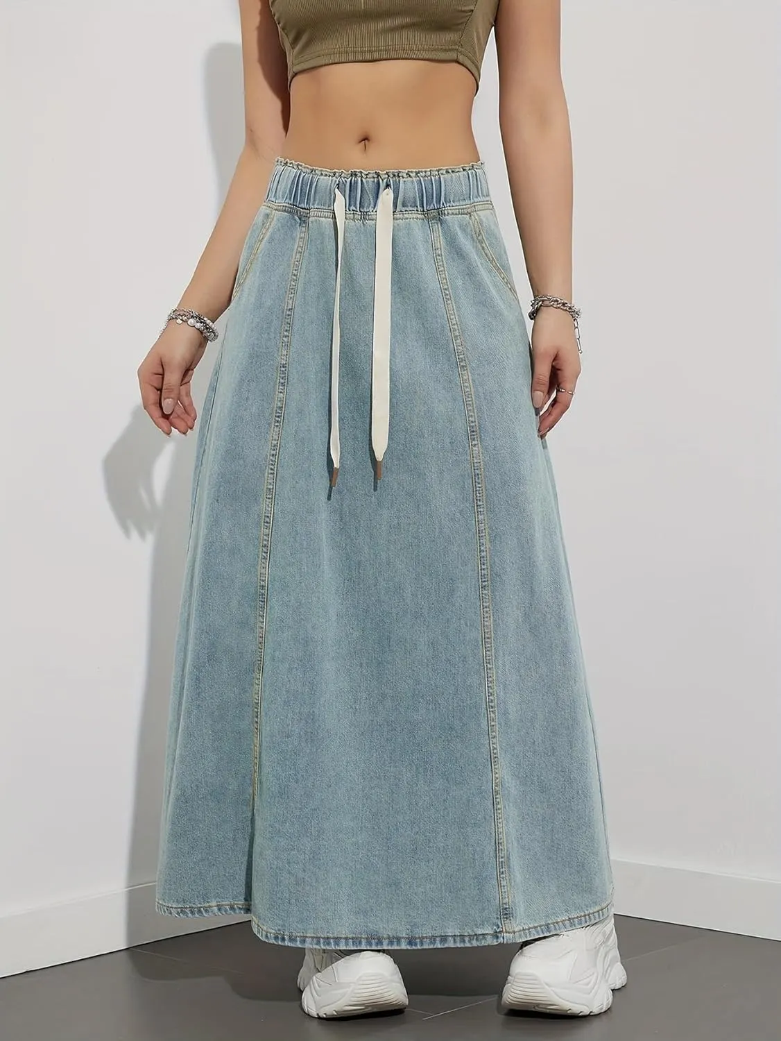 Womens Casual Paperbag Elastic High Waist A-Line Maxi Denim Skirt